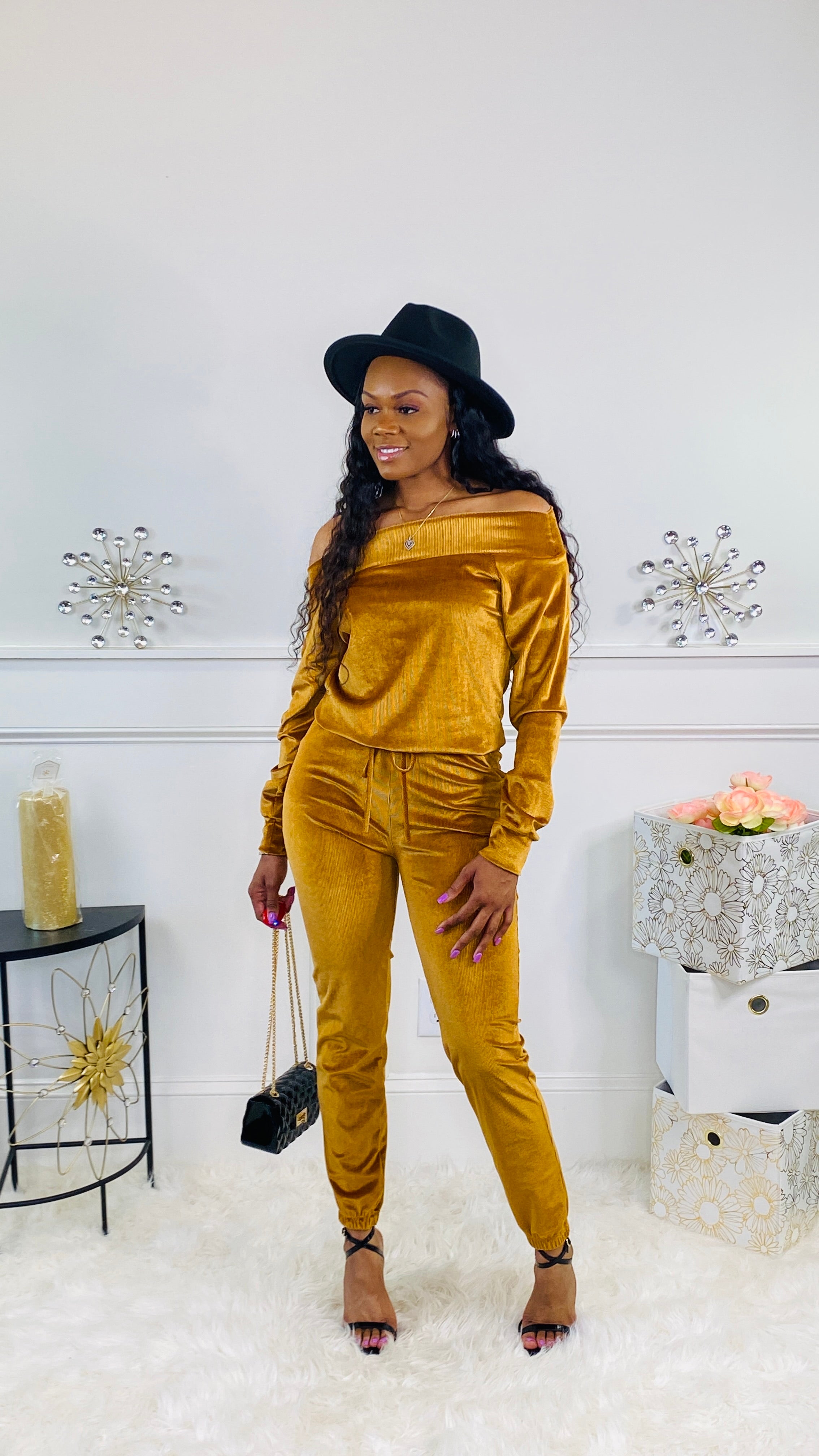 Mustard deals velvet jumpsuit